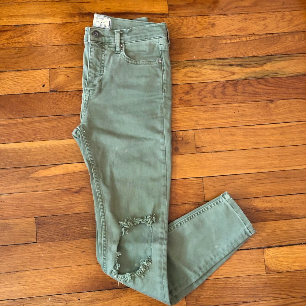 Free People Distressed Skinny Jeans Olive